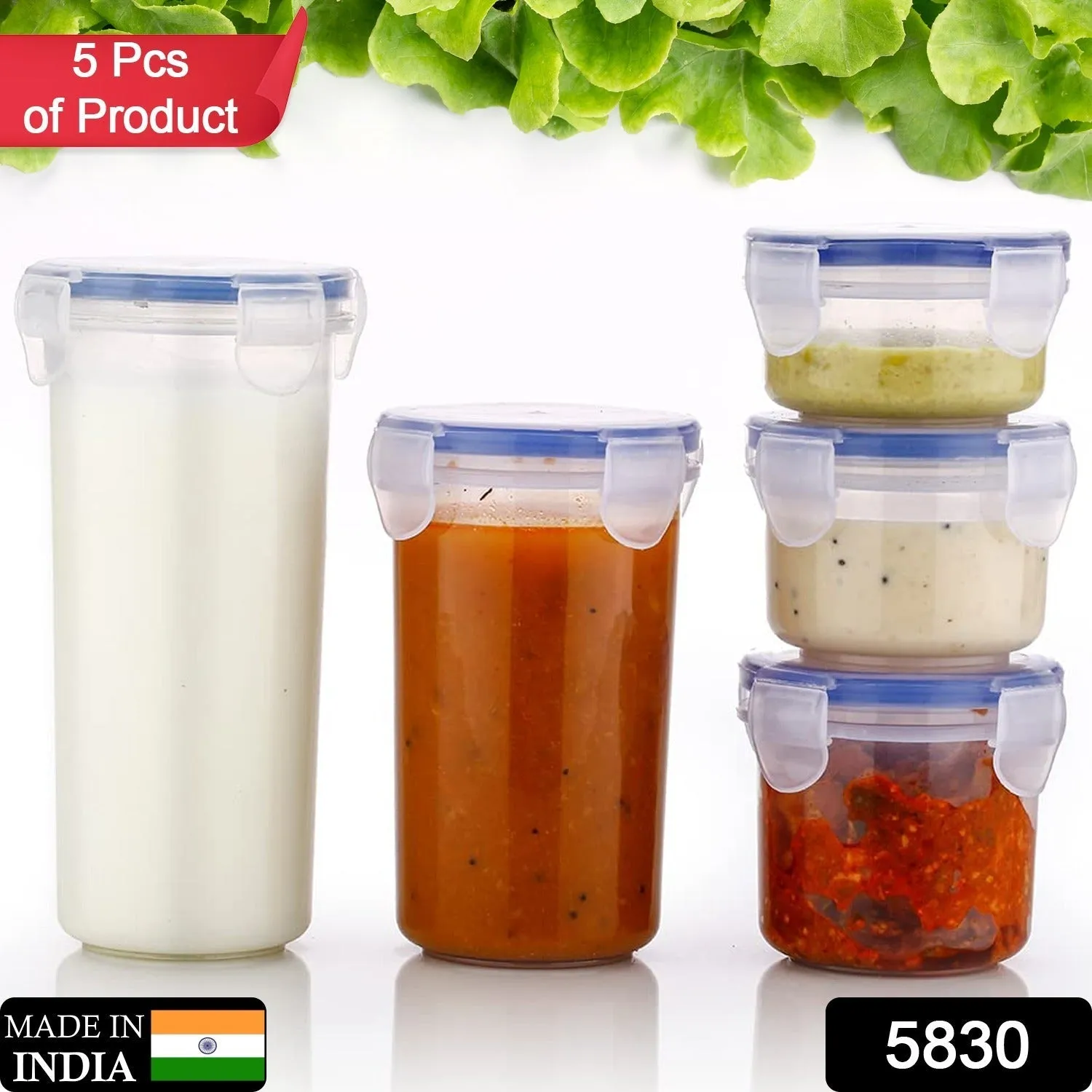 5830 Plastic Liquid Round Airtight Food Storage Container with Leak Proof Locking Lid BPA Free Container for Kitchen, 5 Pcs Set (Transparent,  ( Approx Capacity 110 ml,160 ml,210 ml,400 ml,500 ml)