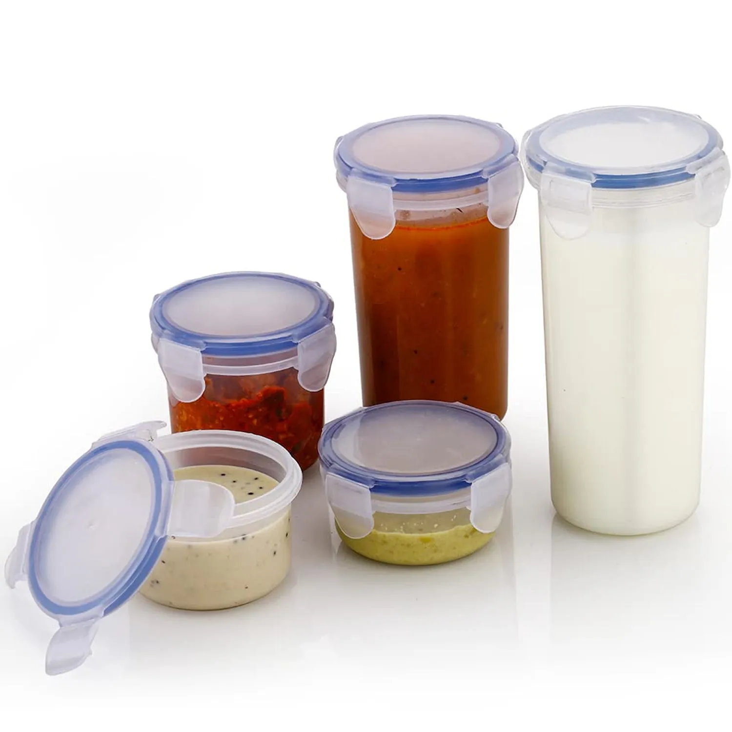 5830 Plastic Liquid Round Airtight Food Storage Container with Leak Proof Locking Lid BPA Free Container for Kitchen, 5 Pcs Set (Transparent,  ( Approx Capacity 110 ml,160 ml,210 ml,400 ml,500 ml)