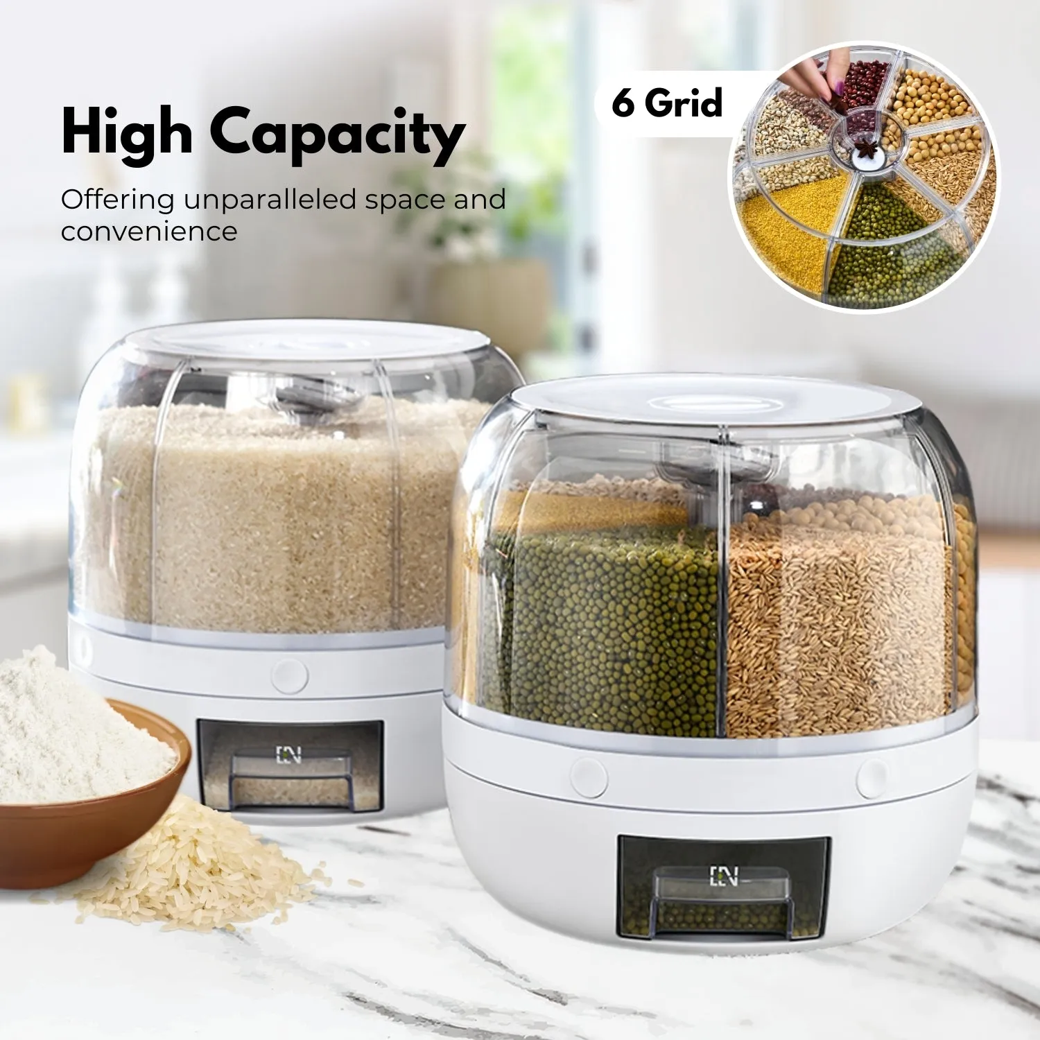 6 in 1 Rotating Grain Dispenser with Lid, 10KG Capacity, GOMINIMO