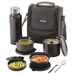 Magnus Microwave Safe EVA 5 Lunch Box Set (Black) -3 Microwave Safe Easylock Stainless Steel Containers|1 Small Plastic Chutney Box|1 Steel Bottle|Steel Cutlery|Compact Easy to Carry Bag (1750ML)