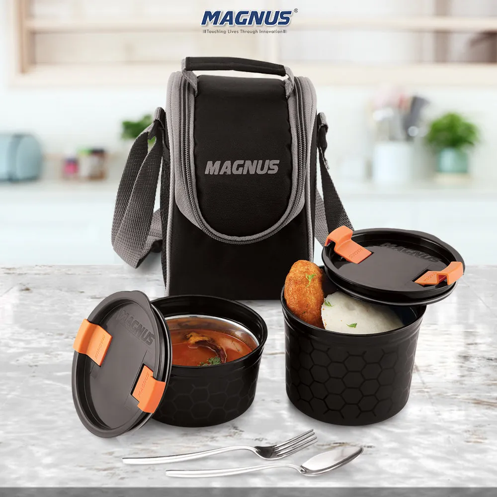 Magnus Opal-2 Microwave Steam Lock Stainless Steel Lunch Box Set - Leak-Proof Lunch Box for Kids, Men, Women | 350ml x 2 Tiffin Containers with Bag | Lunch Boxes for Office Men - Black