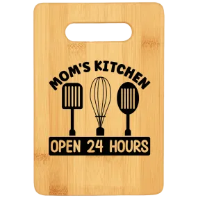 Mom's Kitchen Open 24 Hours Funny Stove Top Cutting Board with Handle